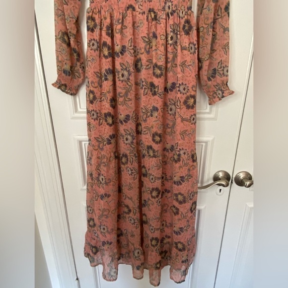 Patrons of Peace Peach Pink Navy Floral Longsleeve Maxi Dress Smock Button Front - Picture 7 of 14